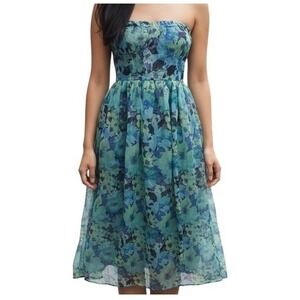 Lulus Strapless Floral‎ Print Midi Dress Teal Blue Green Women's Size Small